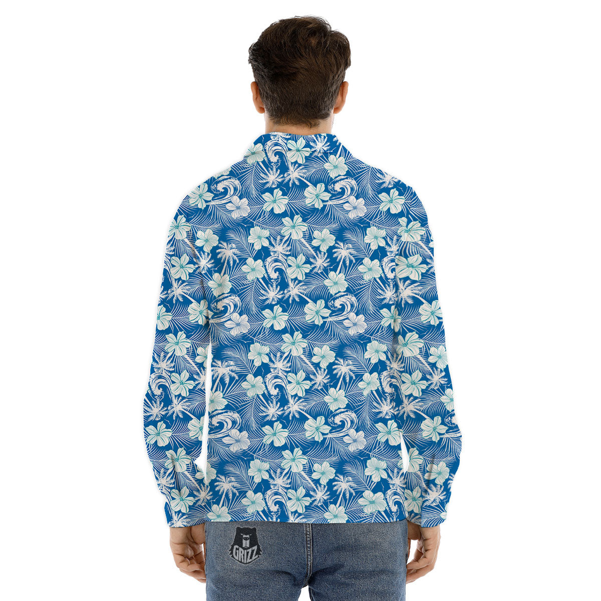 Palm Tree Blue Hibiscus Print Pattern Men's Dress Shirts-grizzshop
