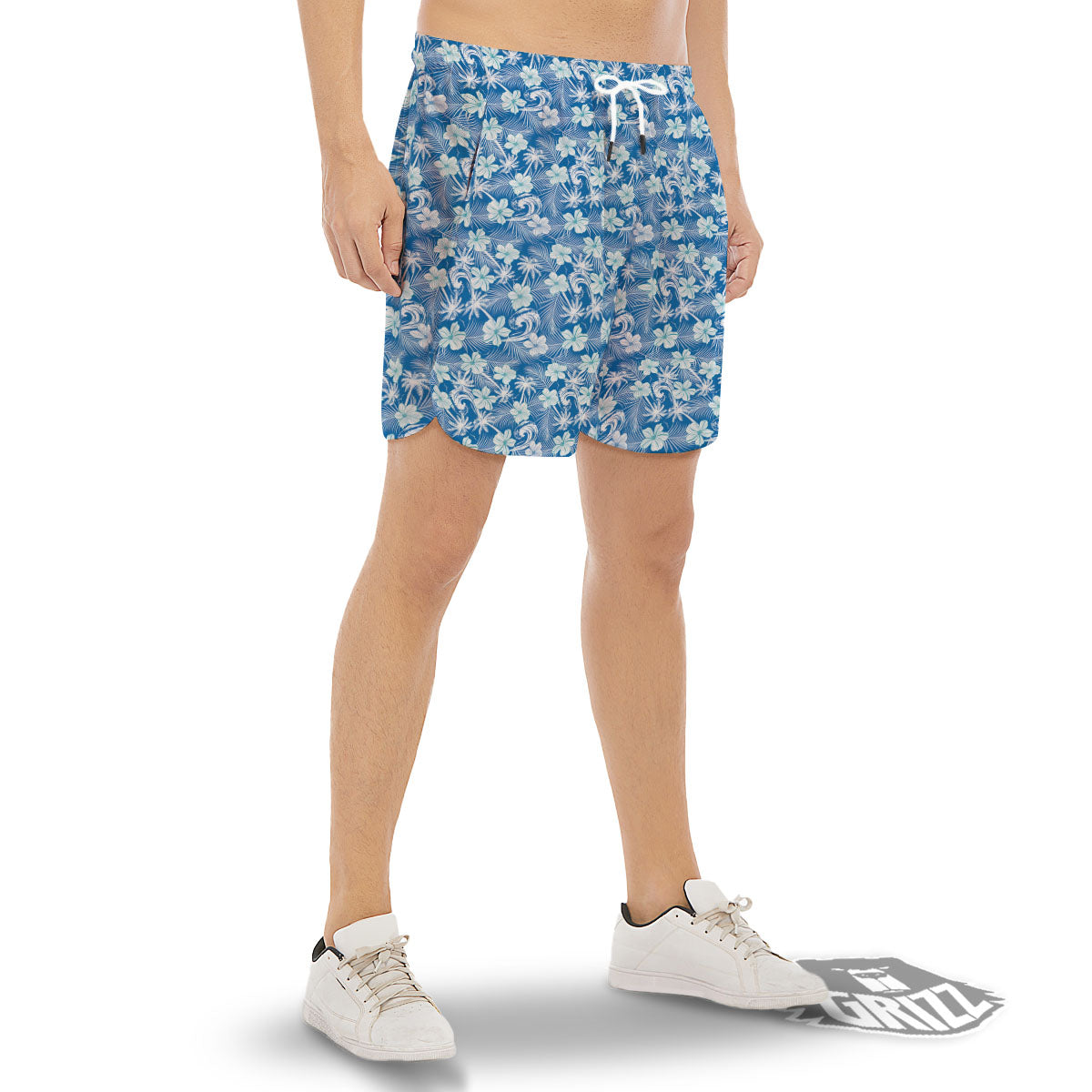 Palm Tree Blue Hibiscus Print Pattern Men's Gym Shorts-grizzshop