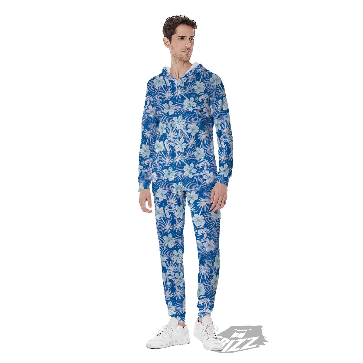 Palm Tree Blue Hibiscus Print Pattern Men's Jumpsuit-grizzshop
