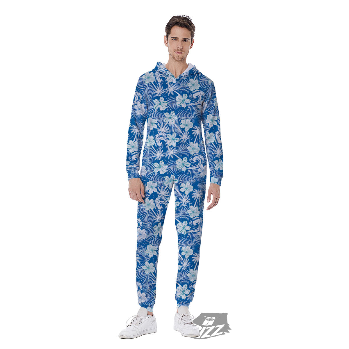 Palm Tree Blue Hibiscus Print Pattern Men's Jumpsuit-grizzshop