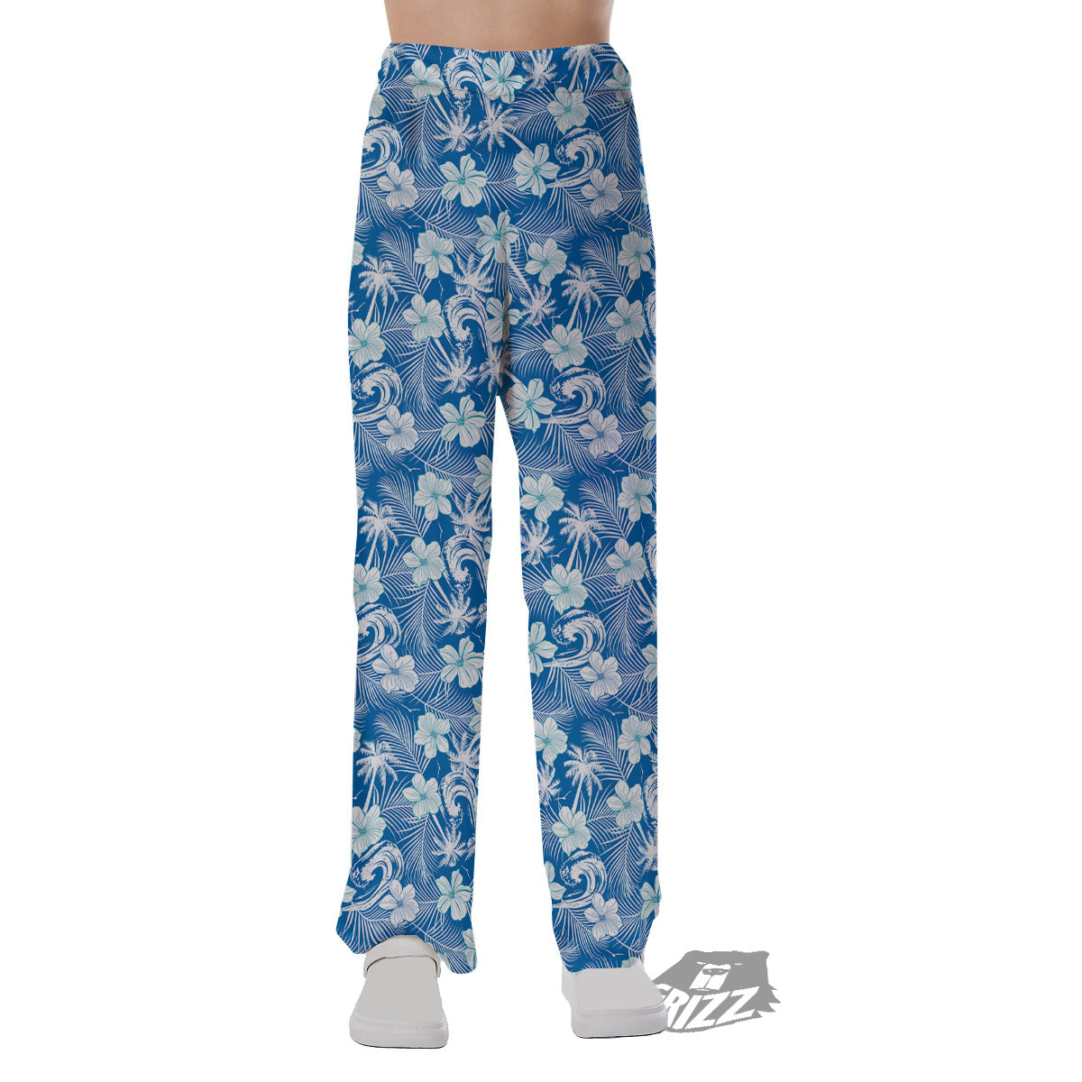 Palm Tree Blue Hibiscus Print Pattern Pajama Pants-grizzshop