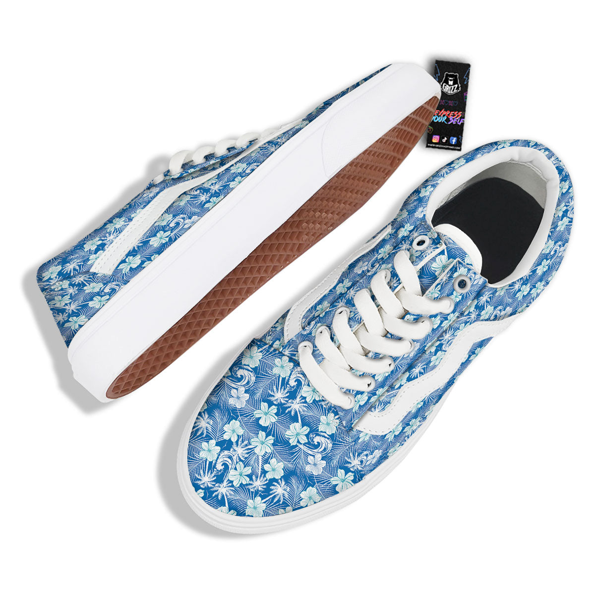 Palm Tree Blue Hibiscus Print Pattern Skate Shoes-grizzshop
