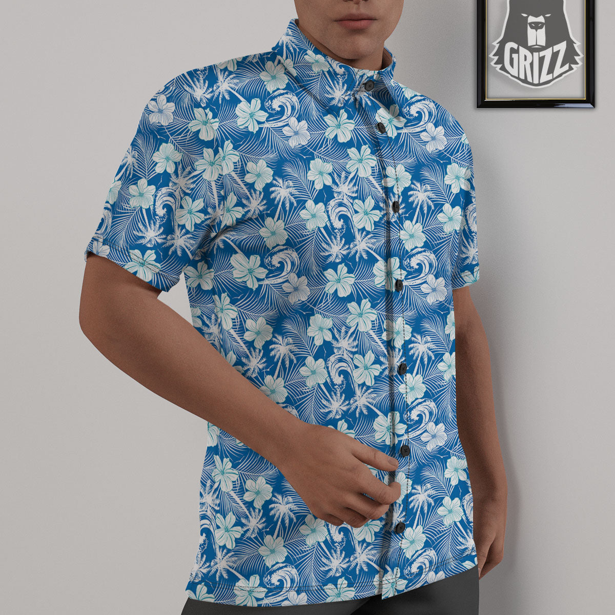 Palm Tree Blue Hibiscus Print Pattern Untucked Shirts-grizzshop