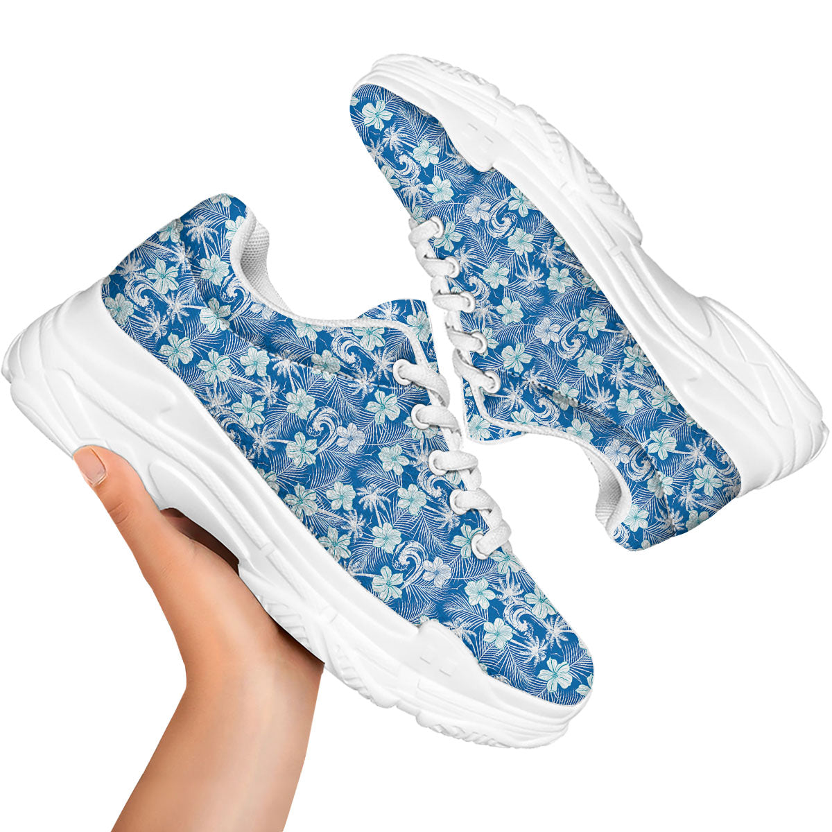 Palm Tree Blue Hibiscus Print Pattern White Chunky Shoes-grizzshop