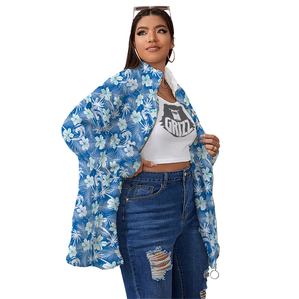 Palm Tree Blue Hibiscus Print Pattern Women's Sherpa Jacket-grizzshop