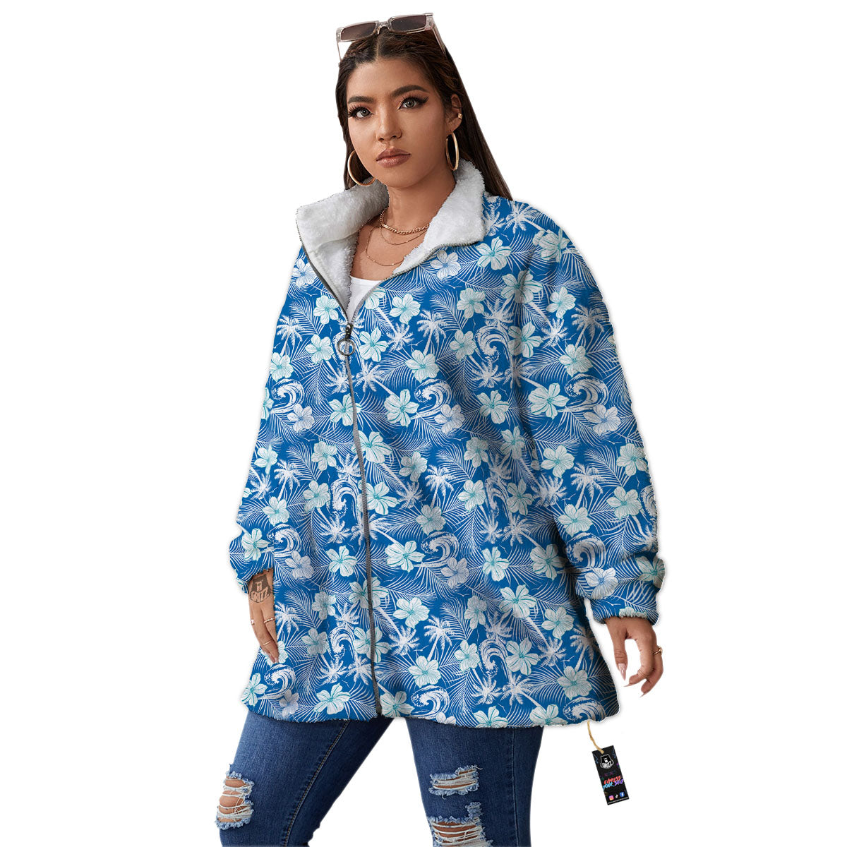 Palm Tree Blue Hibiscus Print Pattern Women's Sherpa Jacket-grizzshop
