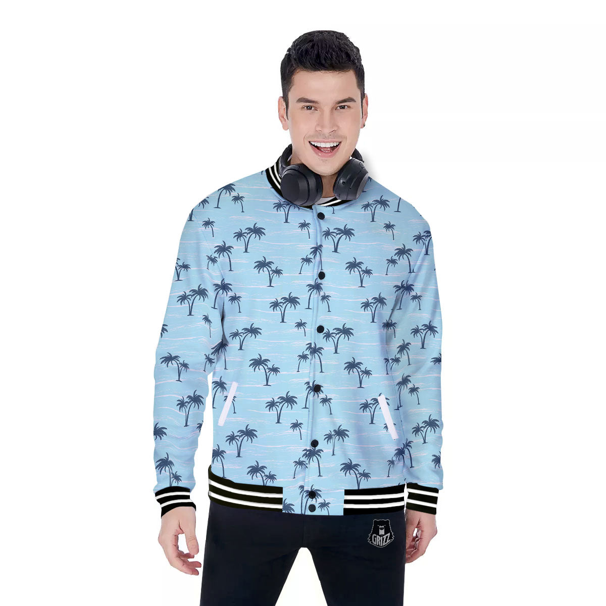Palm Tree Blue Print Pattern Baseball Jacket-grizzshop
