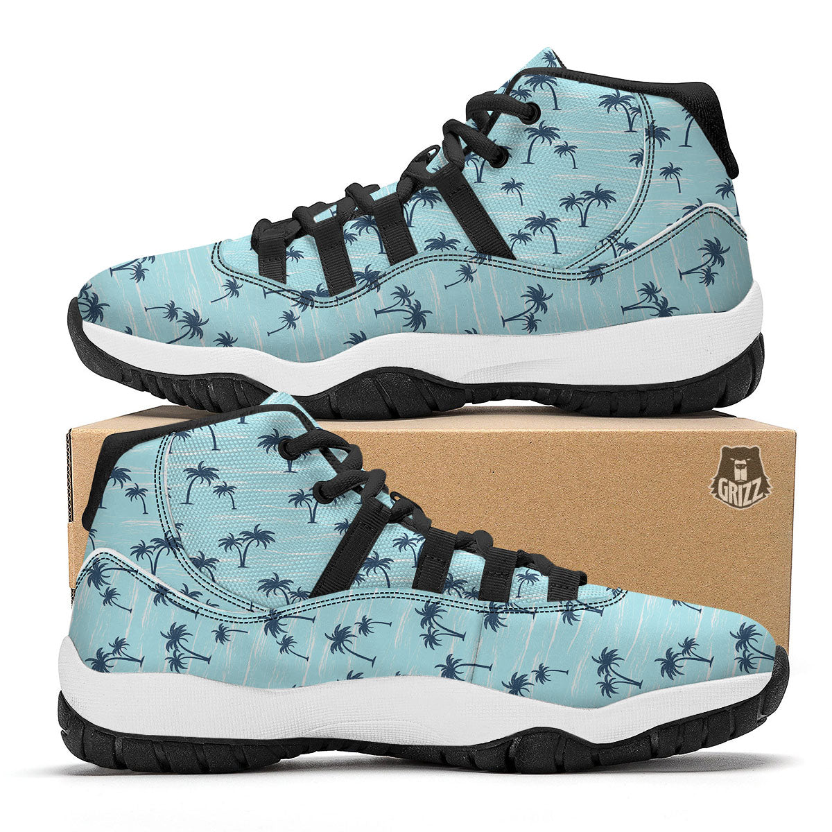 Palm Tree Blue Print Pattern Black Bball Shoes-grizzshop