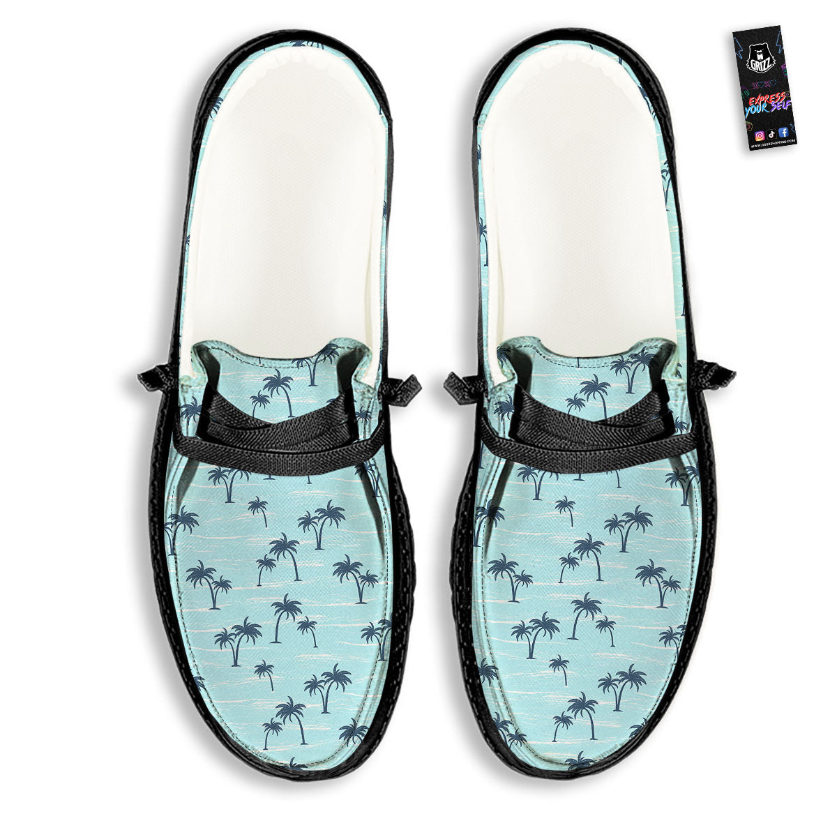 Palm Tree Blue Print Pattern Black Loafers-grizzshop
