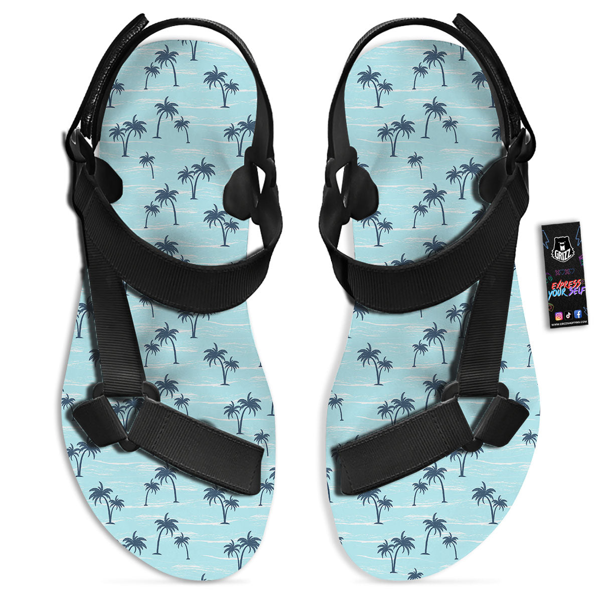 Palm Tree Blue Print Pattern Black Open Toe Sandals-grizzshop