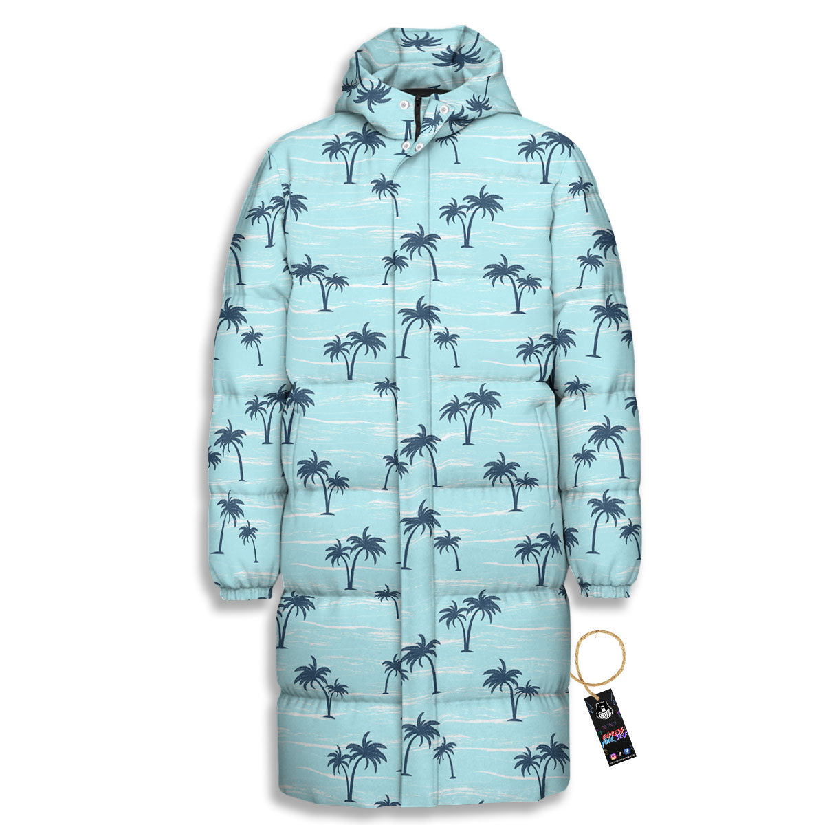 Palm Tree Blue Print Pattern Long Down Jacket-grizzshop