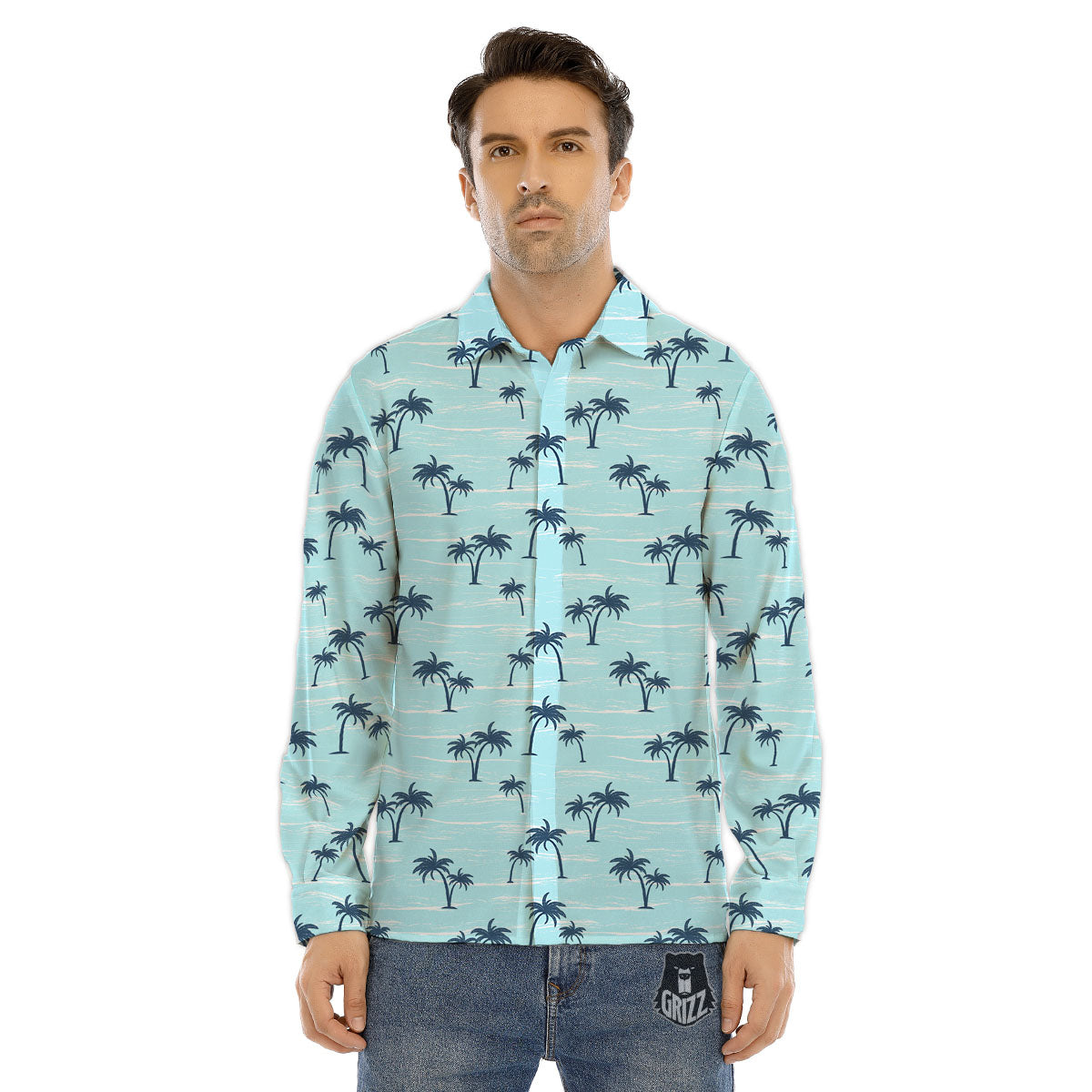 Palm Tree Blue Print Pattern Men's Dress Shirts-grizzshop