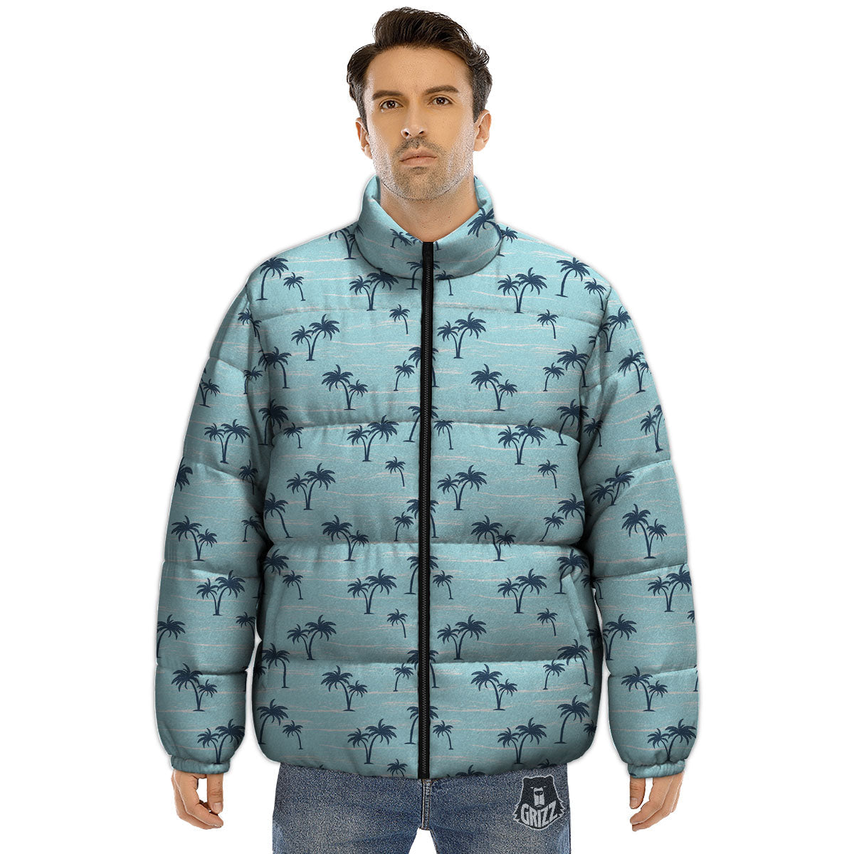 Palm Tree Blue Print Pattern Puffer Jacket-grizzshop