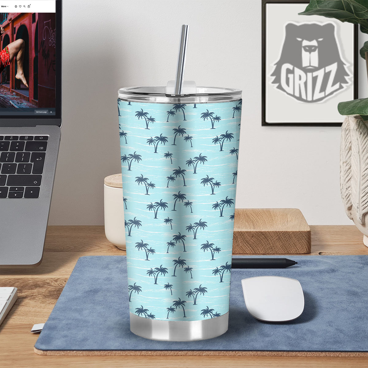 Palm Tree Blue Print Pattern Tumbler-grizzshop