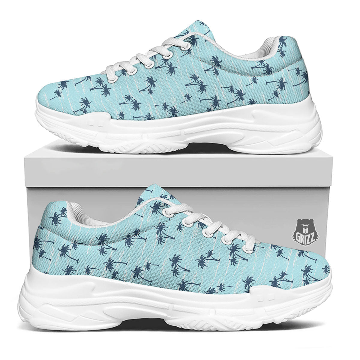 Palm Tree Blue Print Pattern White Chunky Shoes-grizzshop