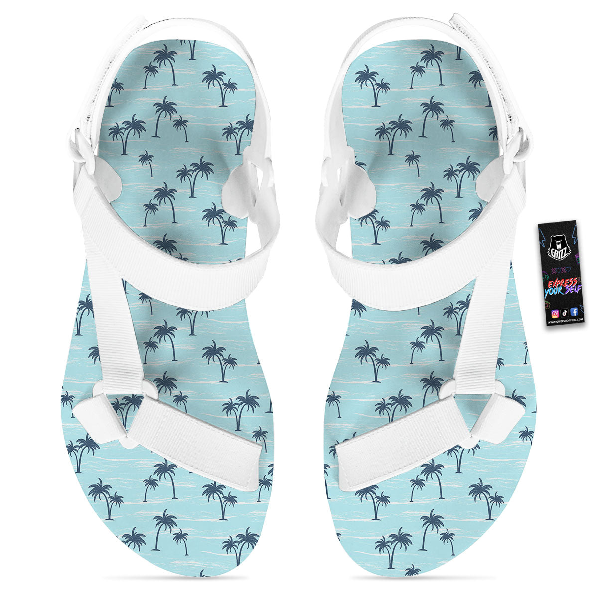 Palm Tree Blue Print Pattern White Open Toe Sandals-grizzshop