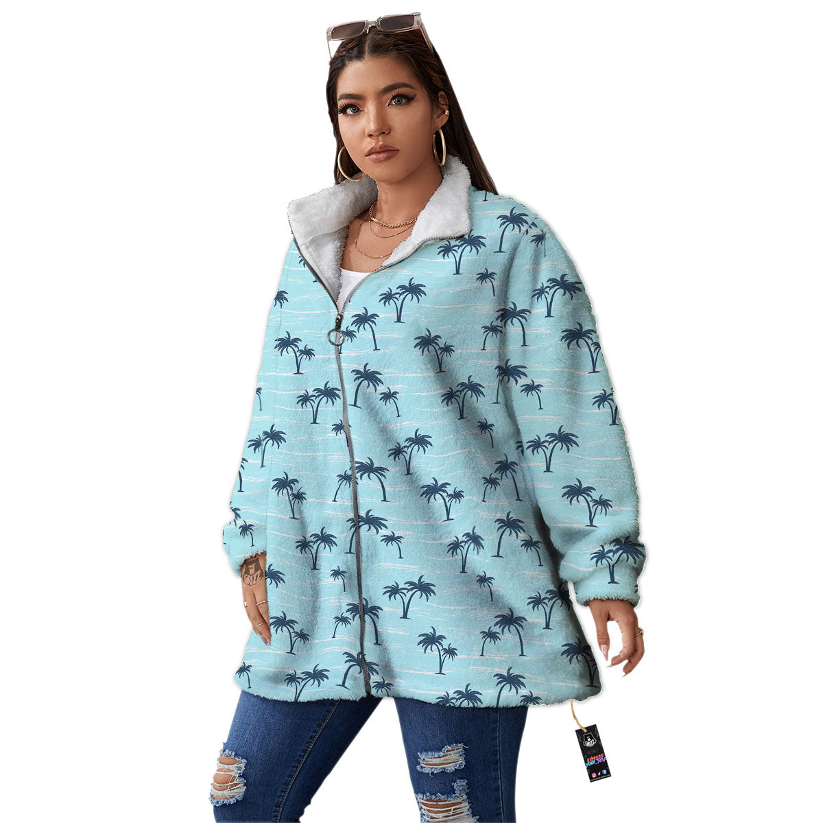 Palm Tree Blue Print Pattern Women's Sherpa Jacket-grizzshop
