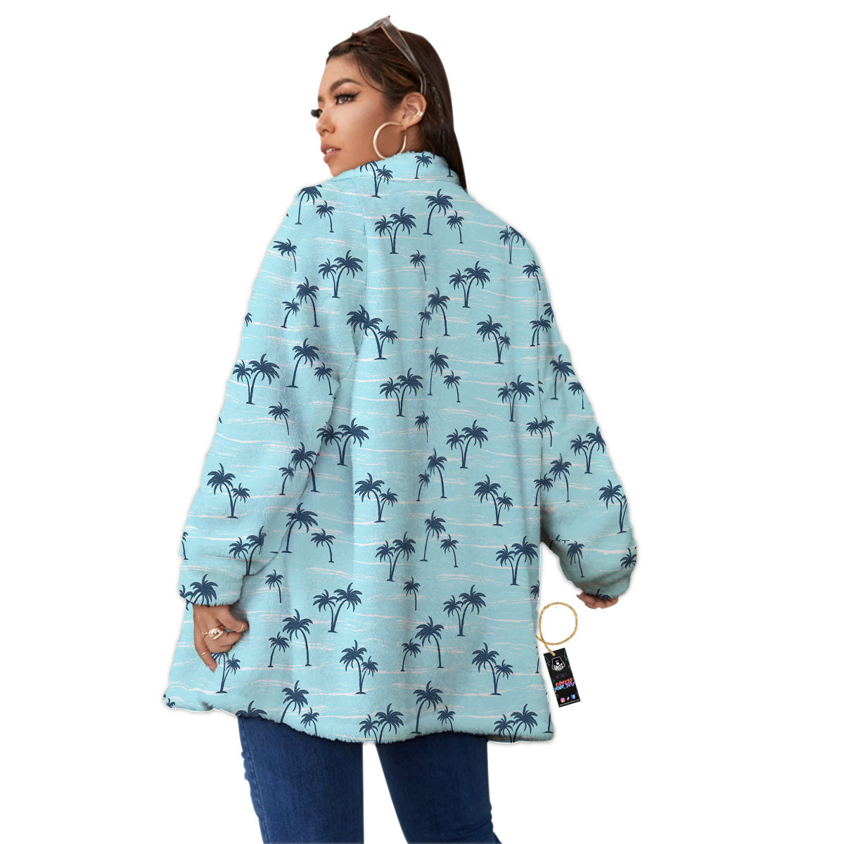 Palm Tree Blue Print Pattern Women's Sherpa Jacket-grizzshop