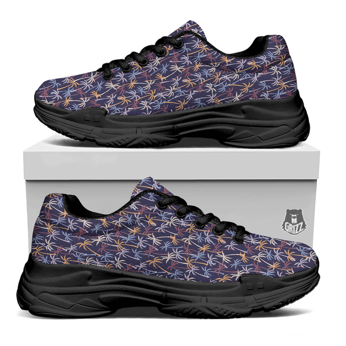 Palm Tree Colorful Print Pattern Black Chunky Shoes-grizzshop