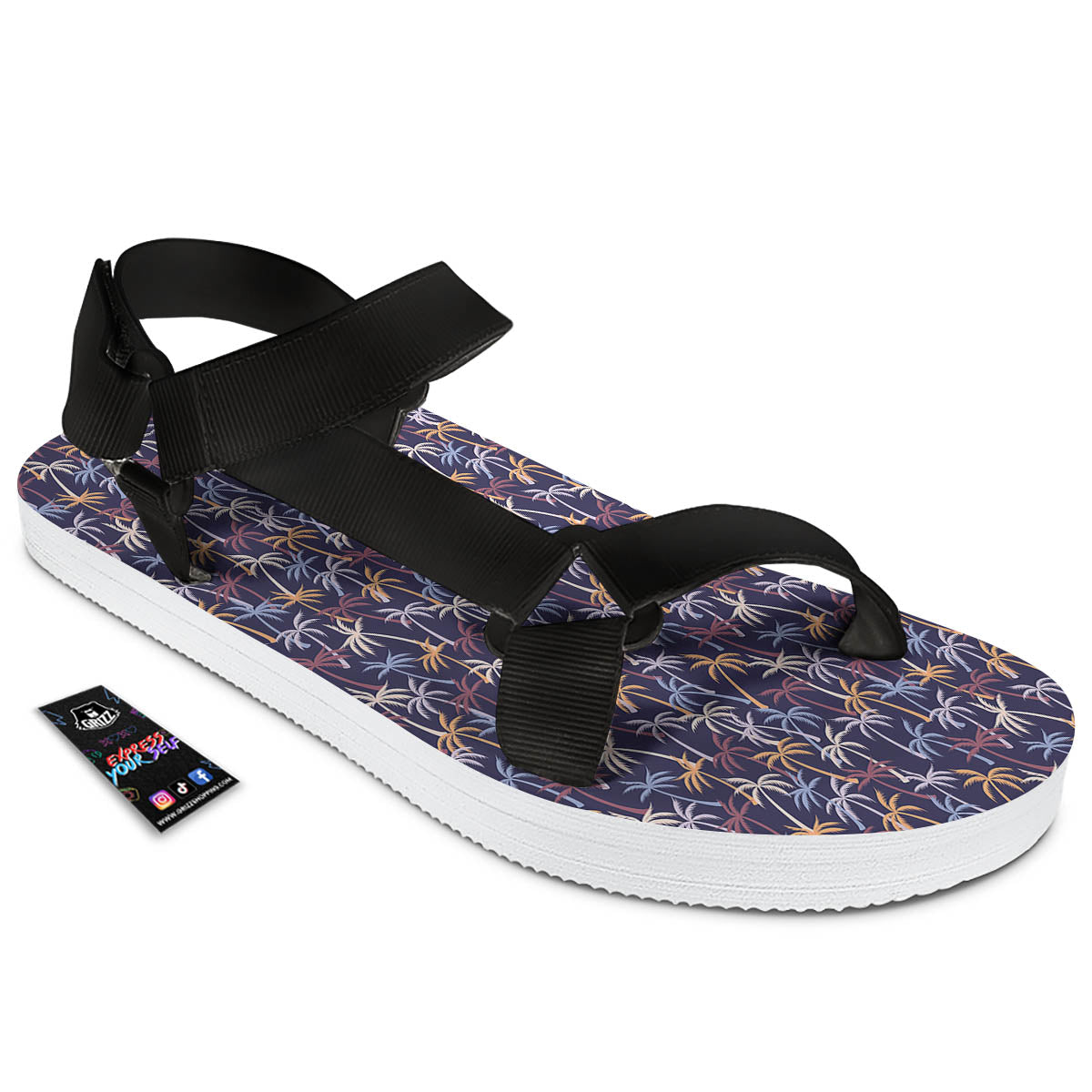 Palm Tree Colorful Print Pattern Black Open Toe Sandals-grizzshop