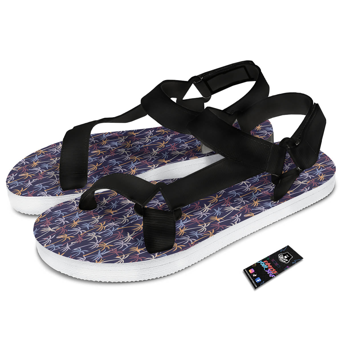 Palm Tree Colorful Print Pattern Black Open Toe Sandals-grizzshop