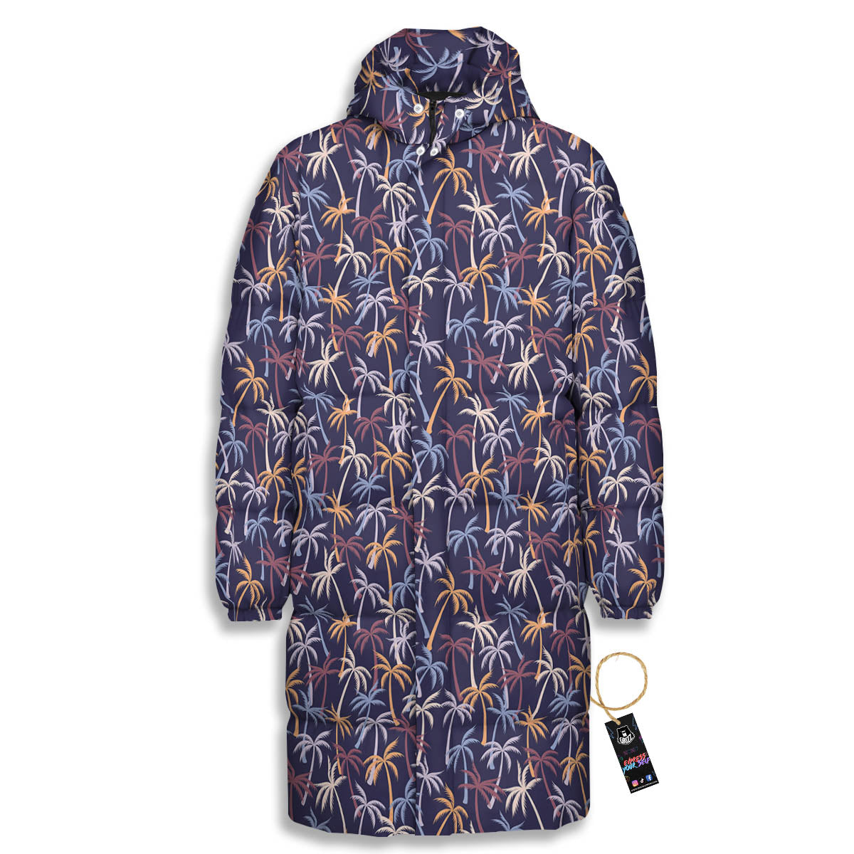 Palm Tree Colorful Print Pattern Long Down Jacket-grizzshop