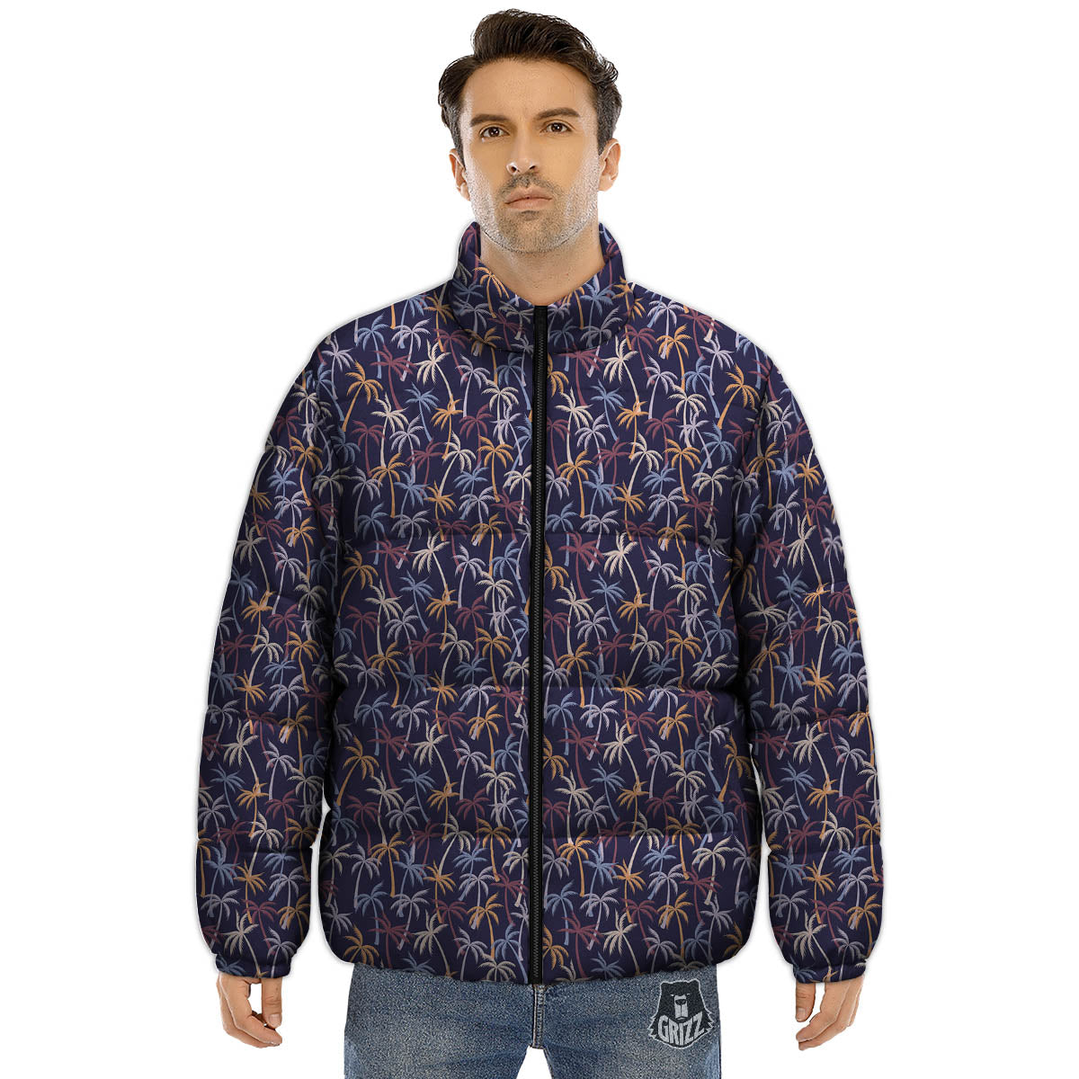 Palm Tree Colorful Print Pattern Puffer Jacket-grizzshop