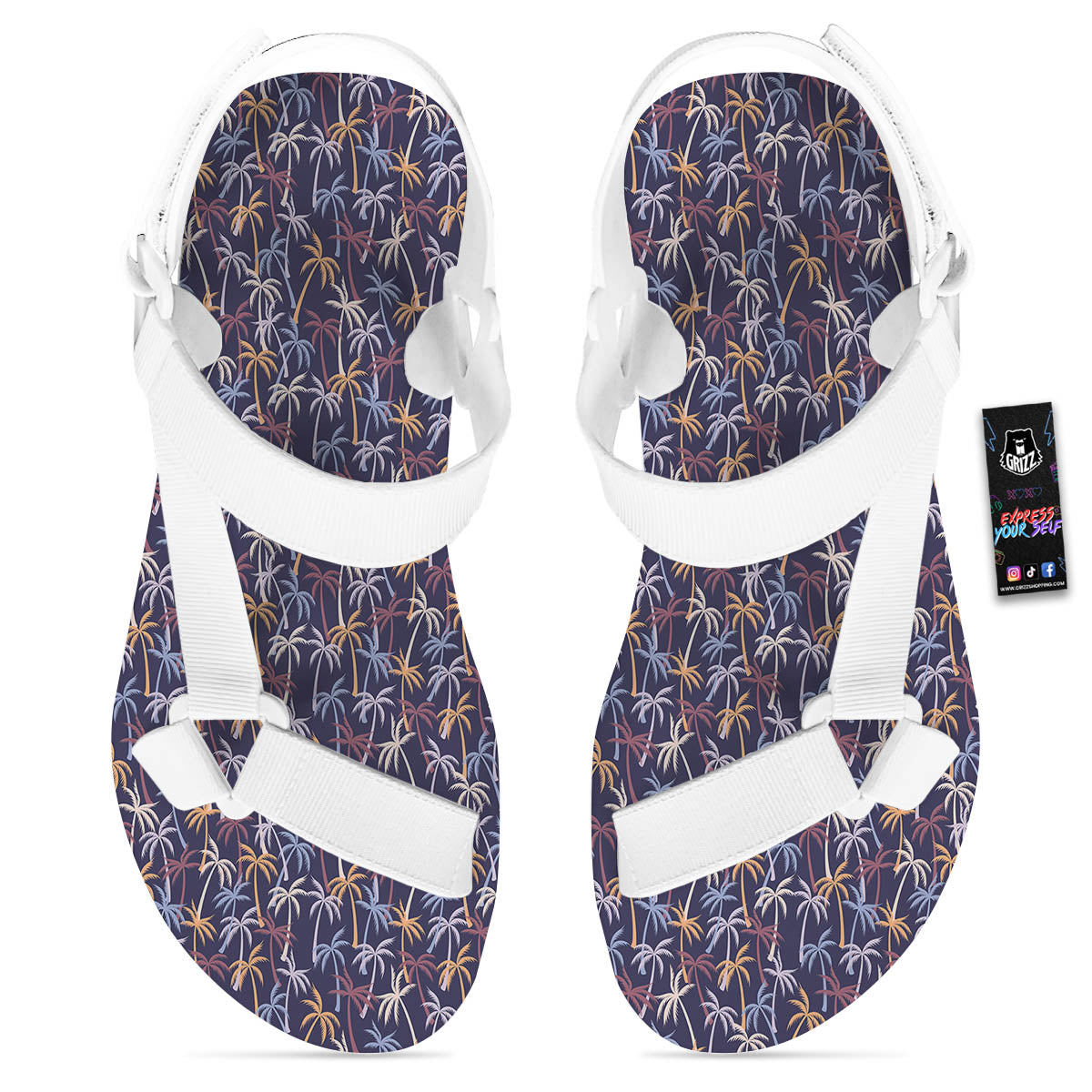 Palm Tree Colorful Print Pattern White Open Toe Sandals-grizzshop