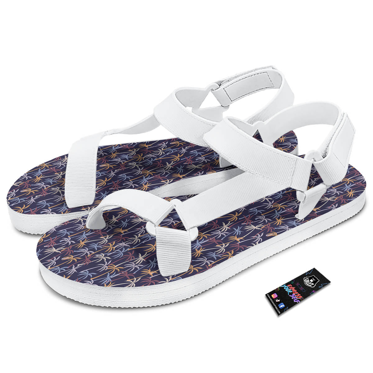 Palm Tree Colorful Print Pattern White Open Toe Sandals-grizzshop