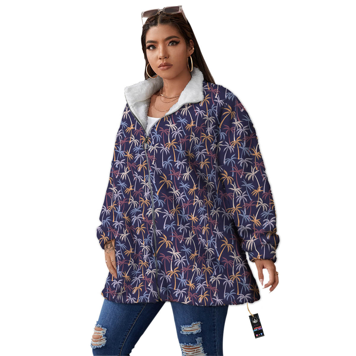 Palm Tree Colorful Print Pattern Women's Sherpa Jacket-grizzshop
