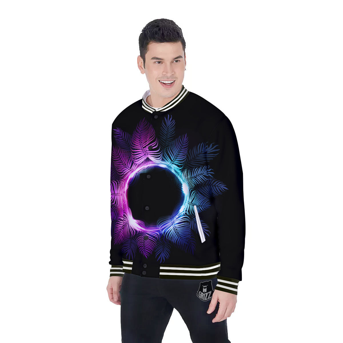 Palm Tree EDM Beach Print Baseball Jacket-grizzshop
