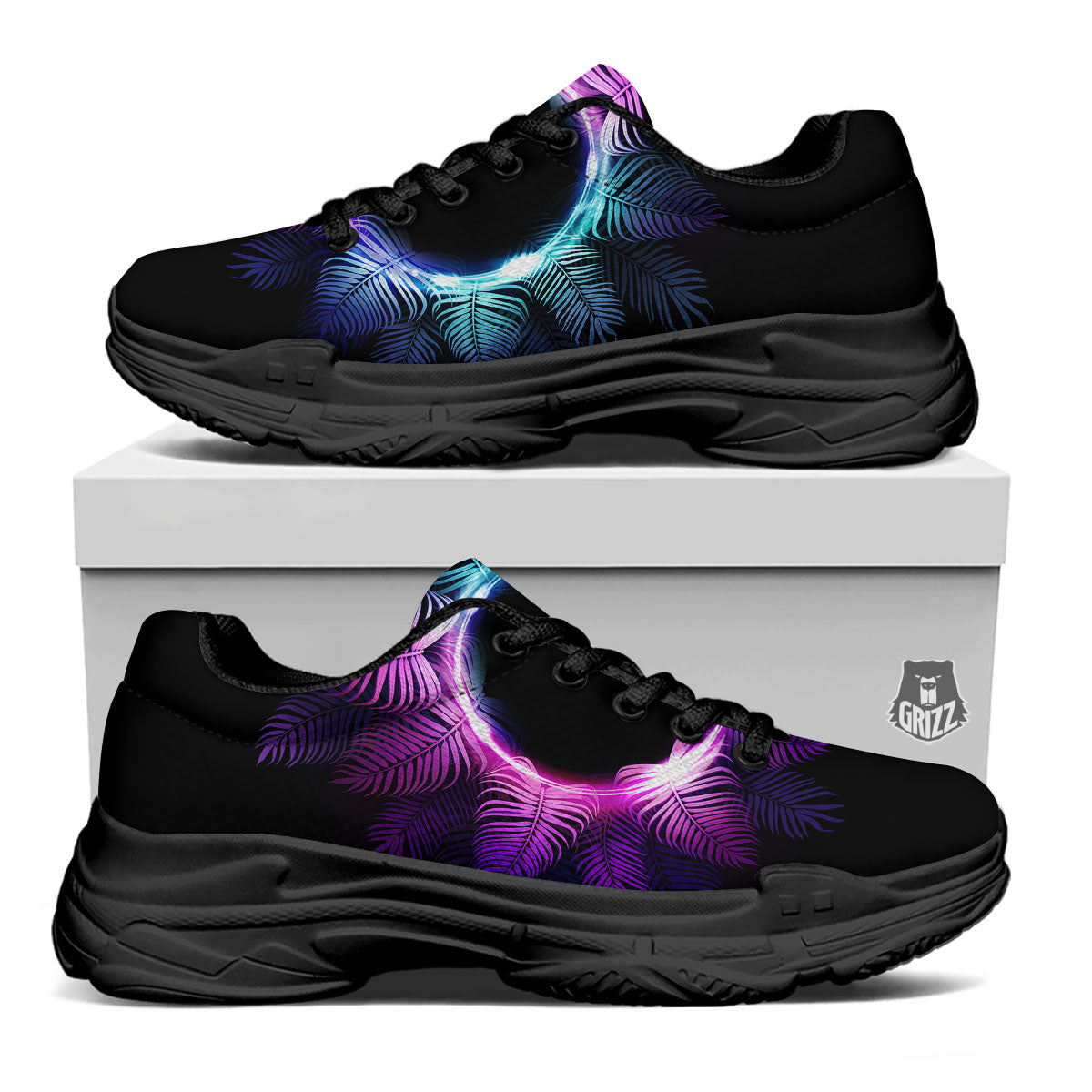 Palm Tree EDM Beach Print Black Chunky Shoes-grizzshop