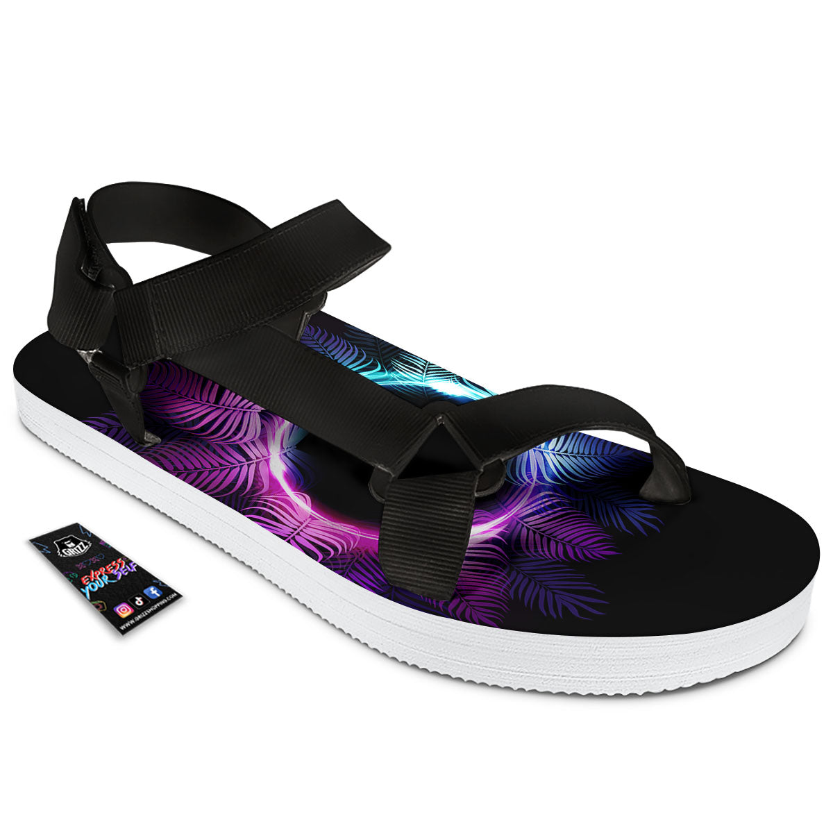 Palm Tree EDM Beach Print Black Open Toe Sandals-grizzshop