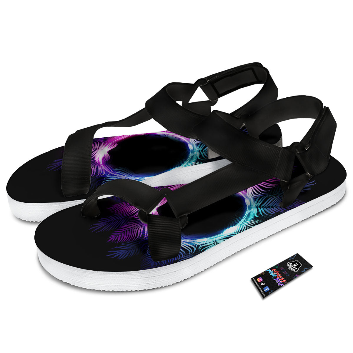 Palm Tree EDM Beach Print Black Open Toe Sandals-grizzshop