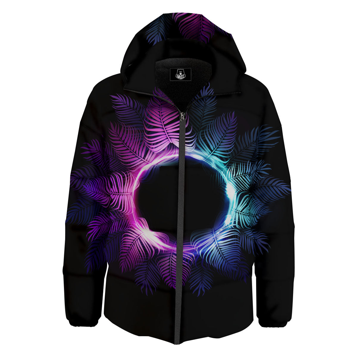 Palm Tree EDM Beach Print Down Jacket-grizzshop