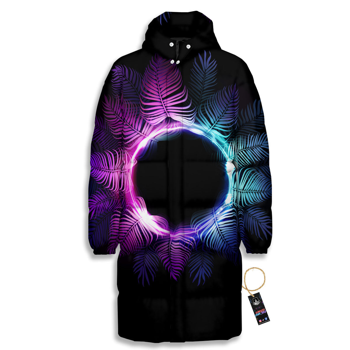 Palm Tree EDM Beach Print Long Down Jacket-grizzshop