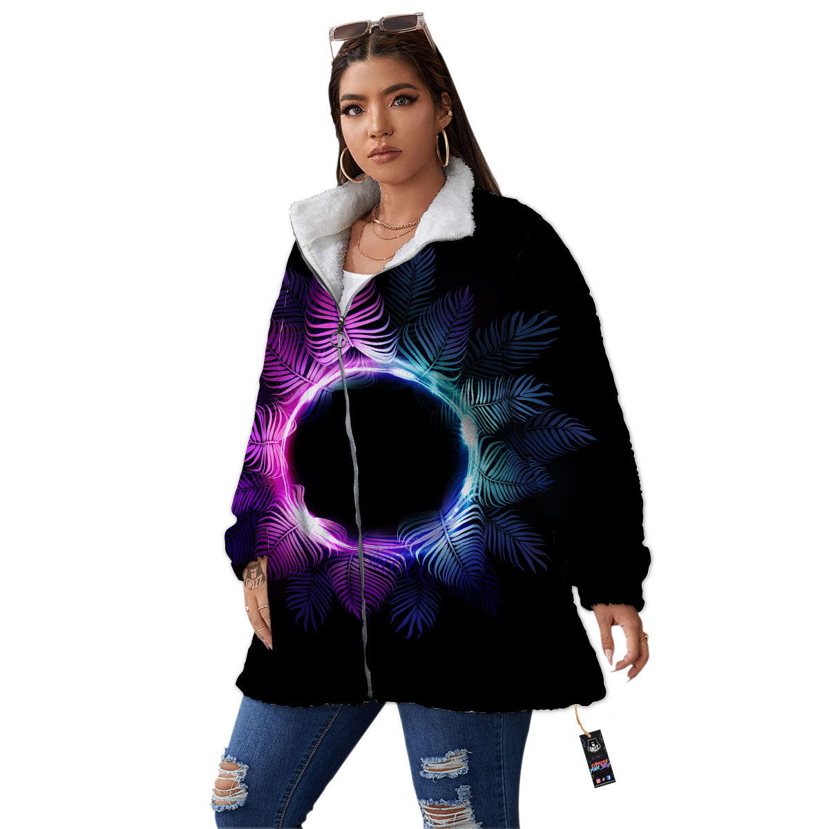 Palm Tree EDM Beach Print Women's Sherpa Jacket-grizzshop