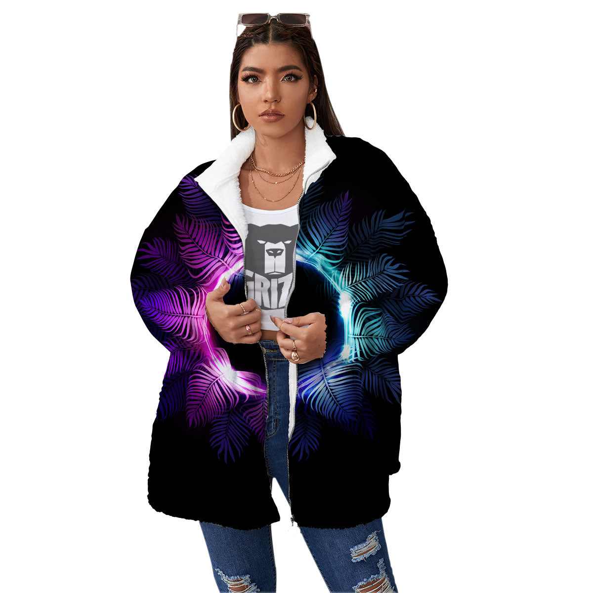 Palm Tree EDM Beach Print Women's Sherpa Jacket-grizzshop