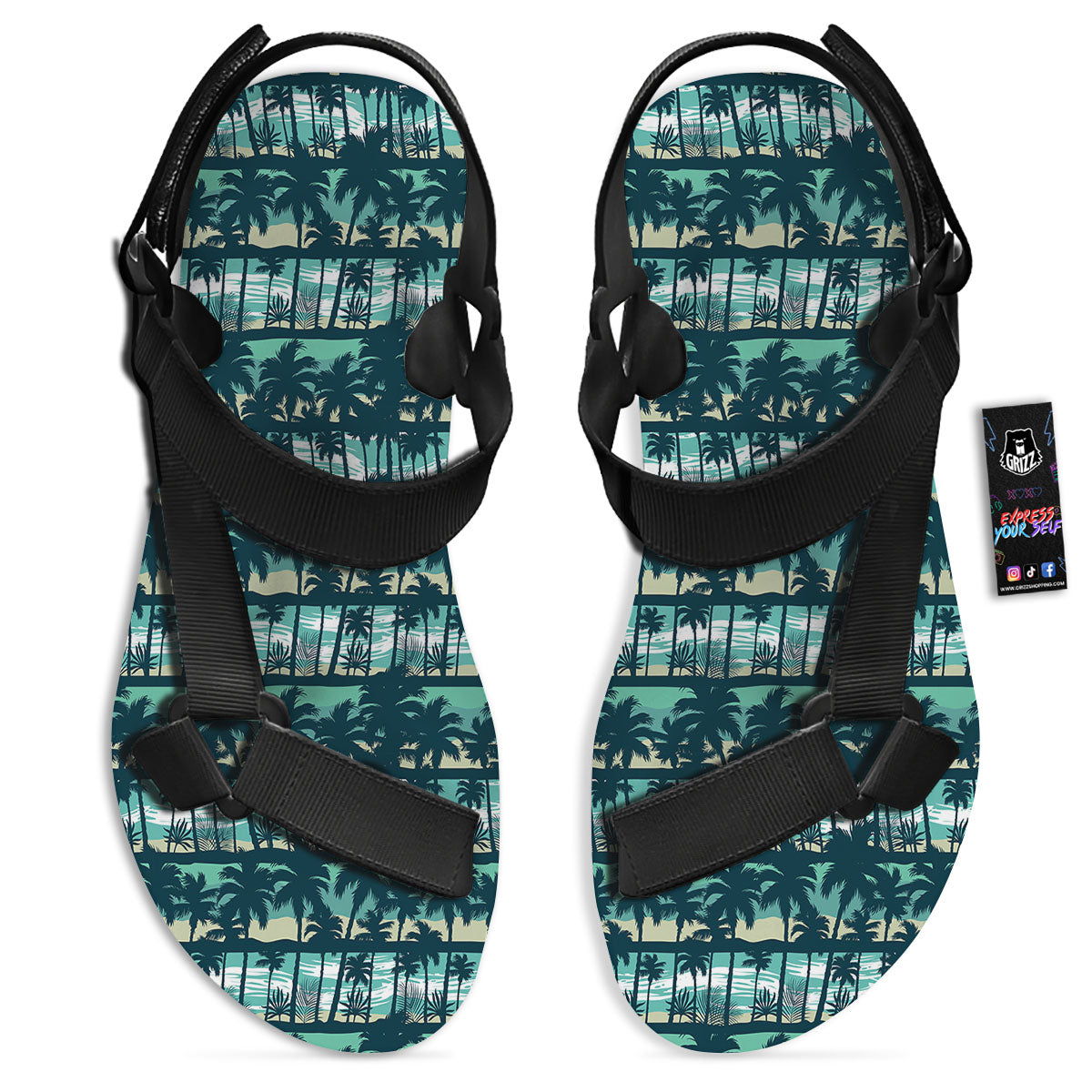 Palm Tree Print Pattern Black Open Toe Sandals-grizzshop