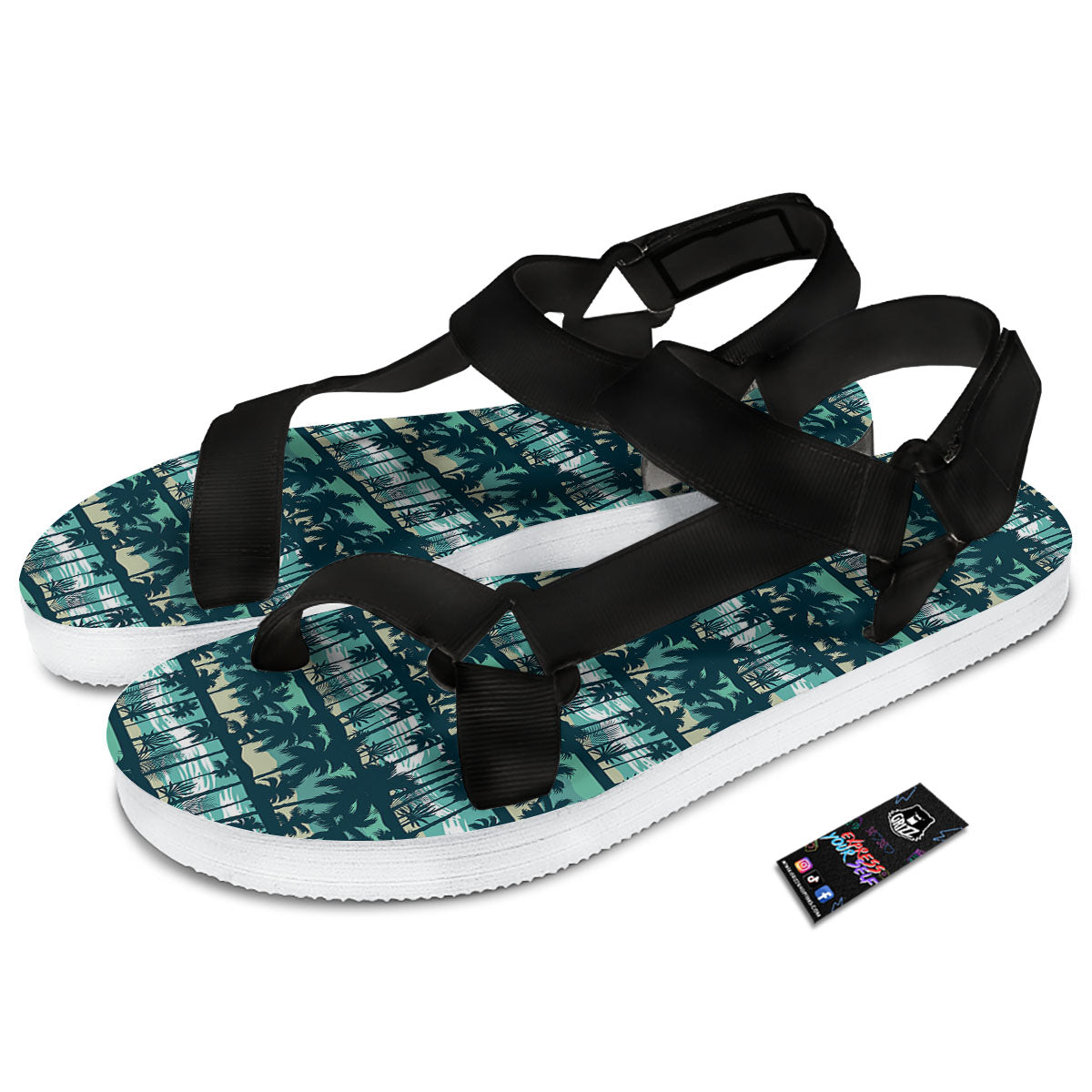 Palm Tree Print Pattern Black Open Toe Sandals-grizzshop