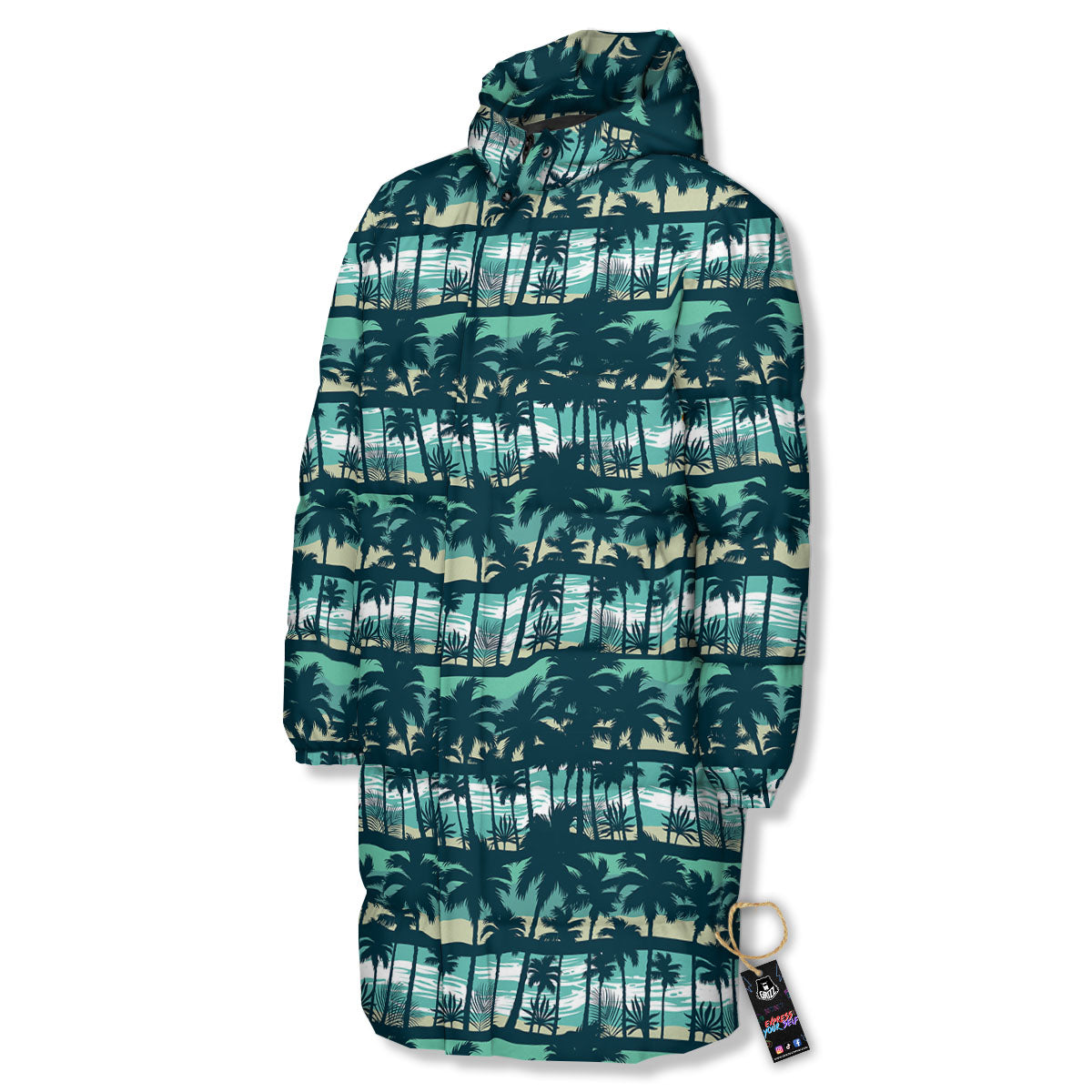 Palm Tree Print Pattern Long Down Jacket-grizzshop