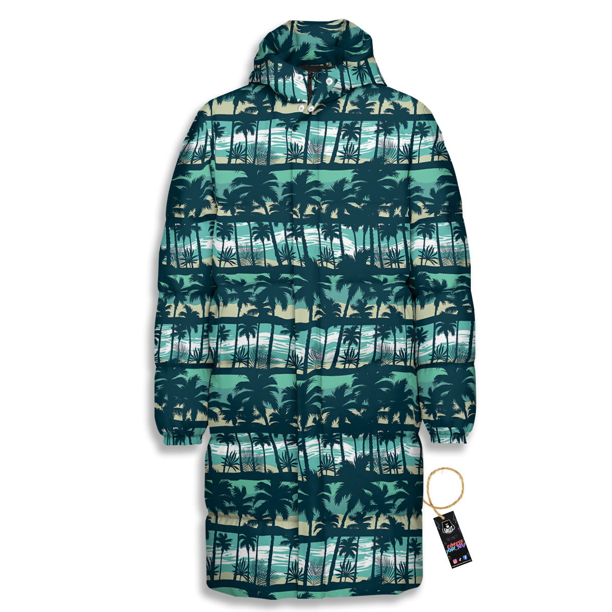 Palm Tree Print Pattern Long Down Jacket-grizzshop