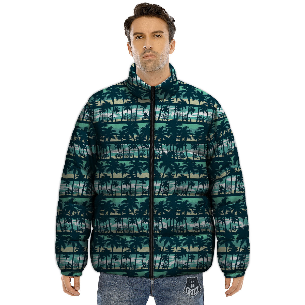 Palm Tree Print Pattern Puffer Jacket-grizzshop