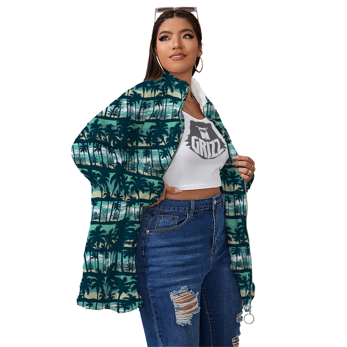 Palm Tree Print Pattern Women's Sherpa Jacket-grizzshop