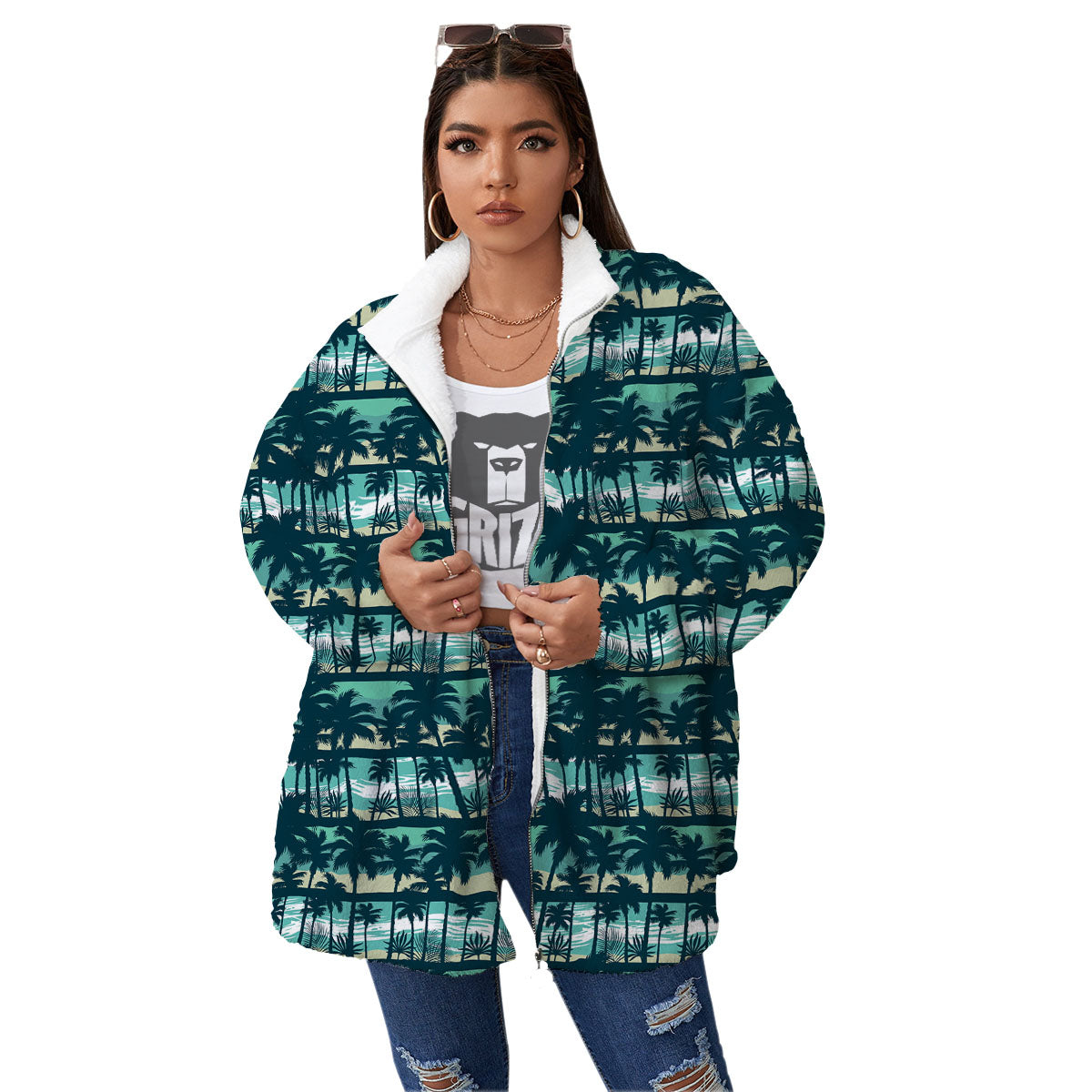 Palm Tree Print Pattern Women's Sherpa Jacket-grizzshop