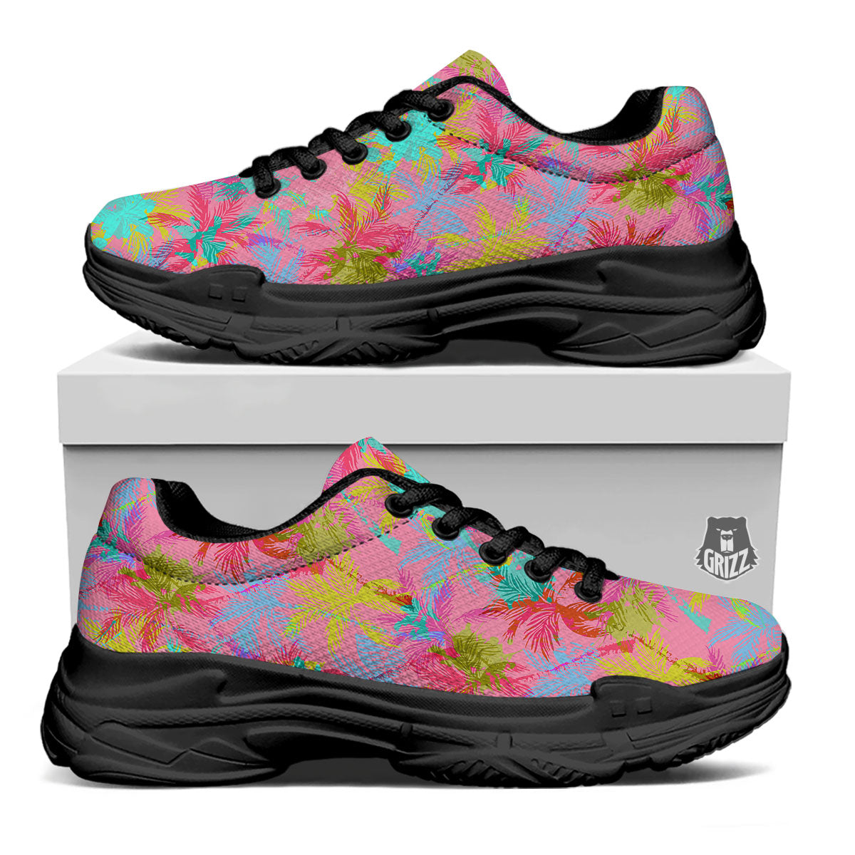 Palm Tree Rainbow Print Pattern Black Chunky Shoes-grizzshop