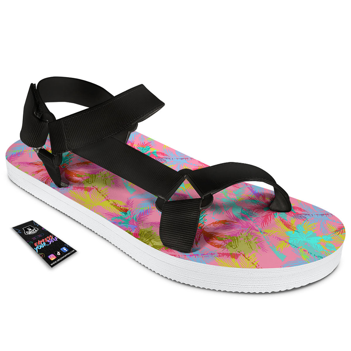 Palm Tree Rainbow Print Pattern Black Open Toe Sandals-grizzshop