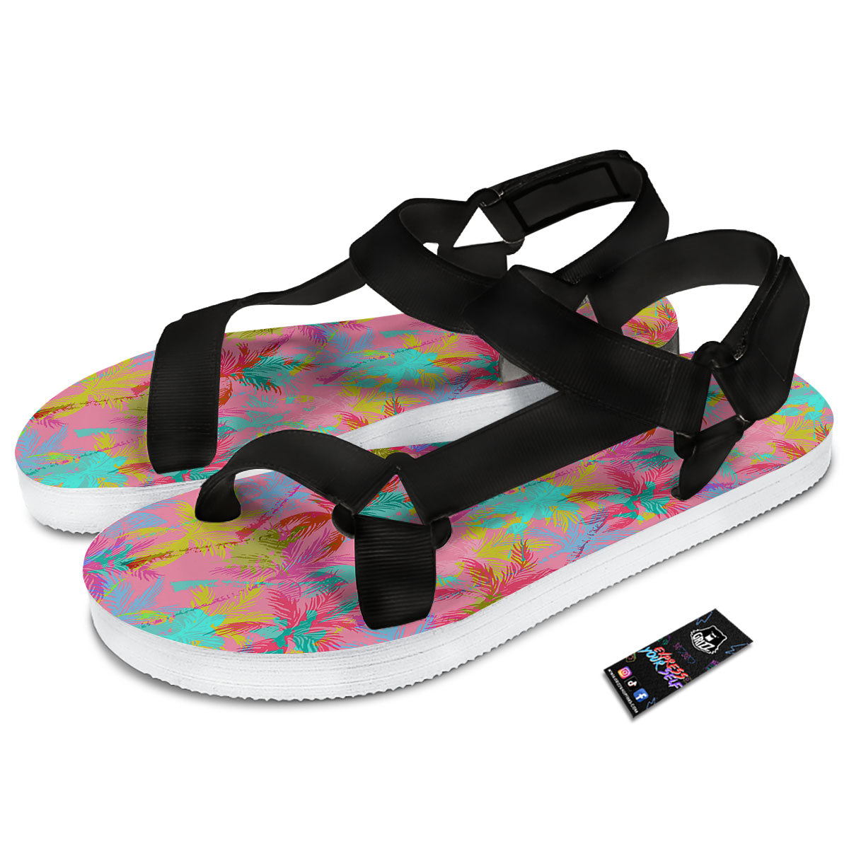 Palm Tree Rainbow Print Pattern Black Open Toe Sandals-grizzshop