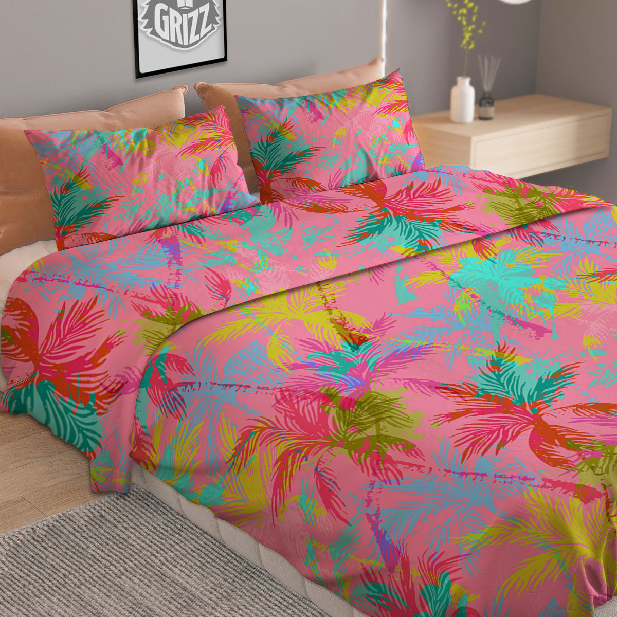 Palm Leaf Watermelon White Print Pattern Duvet Cover Bedding Set