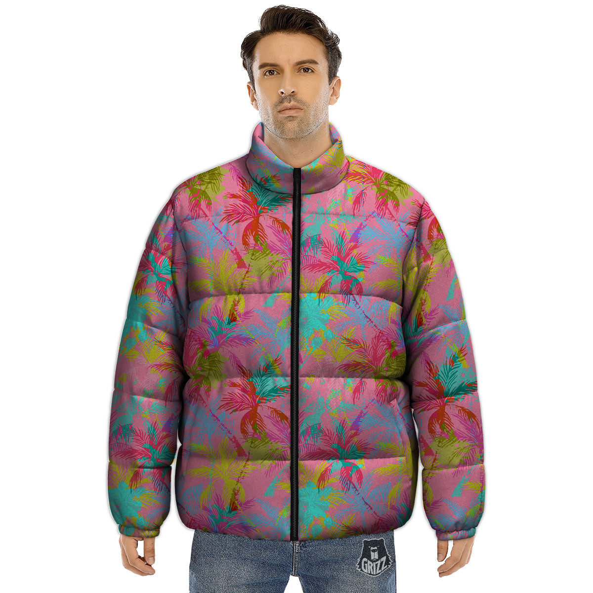 Palm Tree Rainbow Print Pattern Puffer Jacket-grizzshop